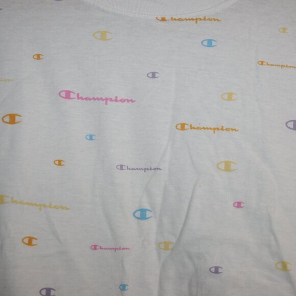 NWT Women's Champion T Shirt White Mulit Logo Cropped Size 1X - Picture 3 of 5